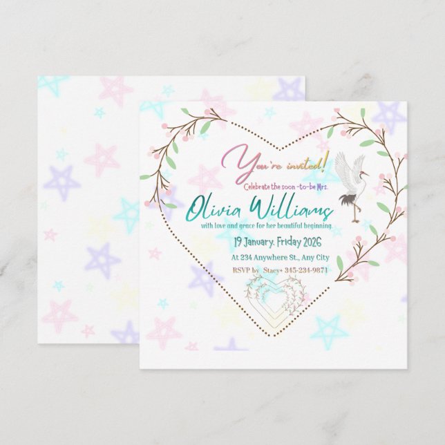 Romantic Floral Heart Bridal Shower Invitation | E (Devant / Derrière)