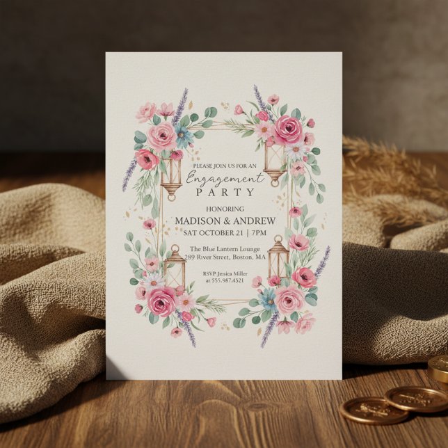 Romantic Floral Lantern Engagement Invitation (A romantic engagement invitation design featuring soft watercolor florals)