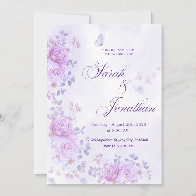 💐Romantic Floral Purple Wedding Invitation Ankündigung (Vorderseite)