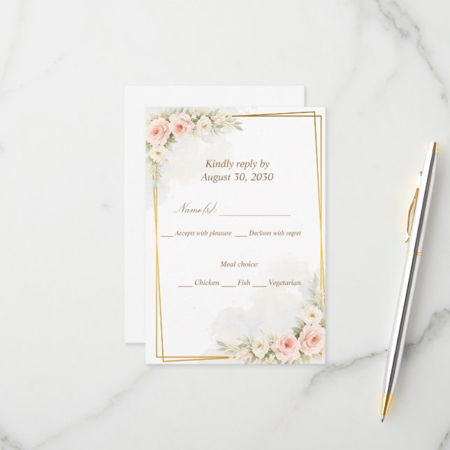 Romantic Floral RSVP Card Dusty Blush Peony Botani (Vorderseite/Rückseite Beispiel)
