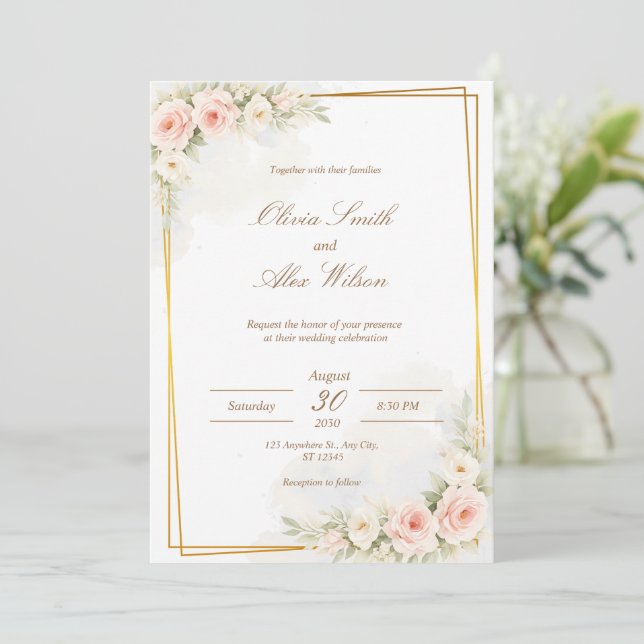 Romantic Floral Wedding Invitation Dusty Blush Peo Einladung (Stehend Vorderseite)