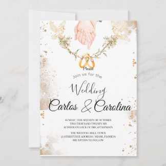 Romantic Floral Wedding Invitation with Gold Rings Einladung