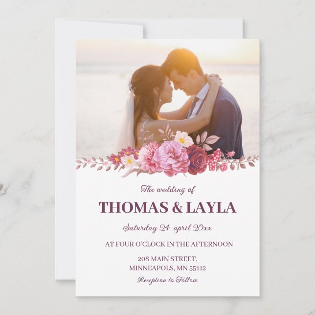 Romantic Floral Wedding Invitation with Photo (Devant)