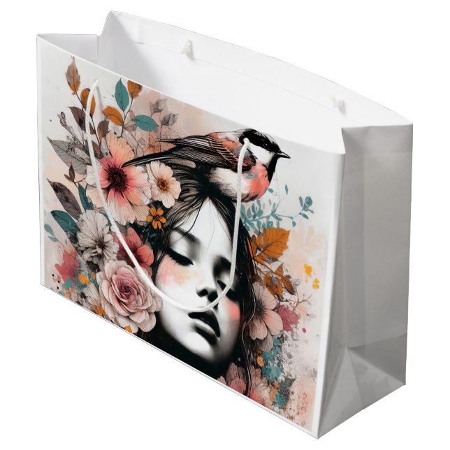 Romantic Floral Woman with Delicate Bird Details Große Geschenktüte (Rückseite Schrägansicht)