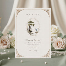 Romantic French Heron Oval Frame Wedding Invitatio