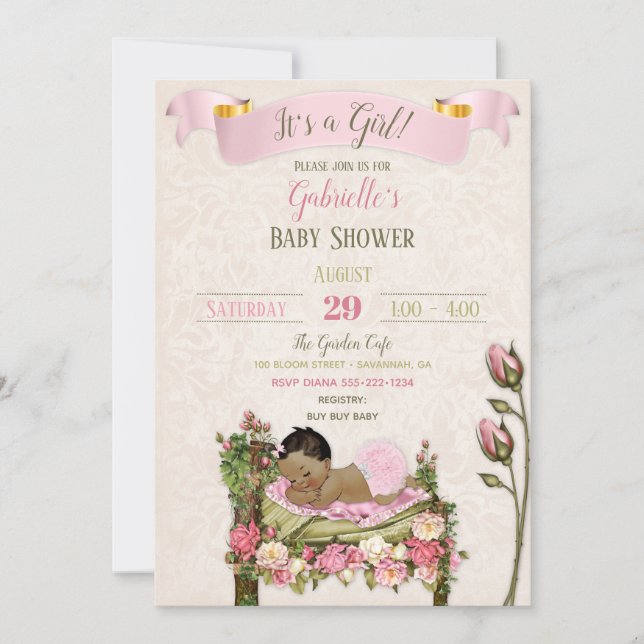Romantic Garden Baby Dusche Pink Green Rose Einladung (Vorderseite)