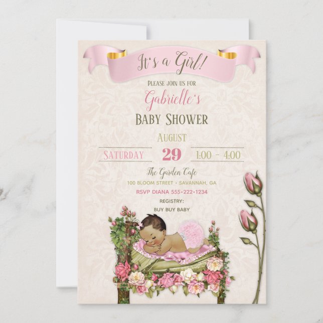 Romantic Garden Baby Dusche Pink Green Rose Einladung (Vorderseite)