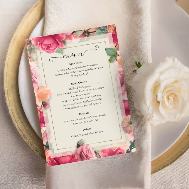 Romantic Garden Bright Floral Rose Hochzeitsmenü (Romantic Garden Bright Floral Rose Wedding Menu)