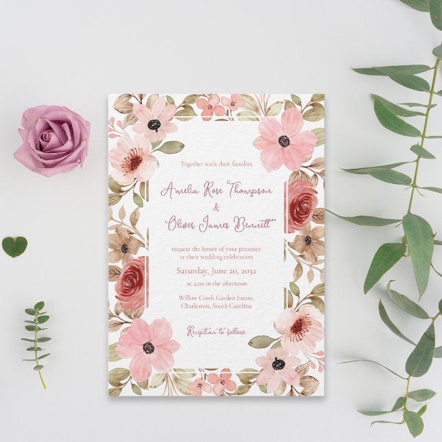 Romantic Garden Floral Border Wedding Invitation Einladung (Romantic Garden Floral Border Wedding Invitation)