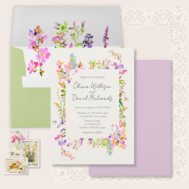 Romantic Garden Floral Wedding  Einladung (Garden Wildflowers Watercolor Wedding Invitation Suite.)