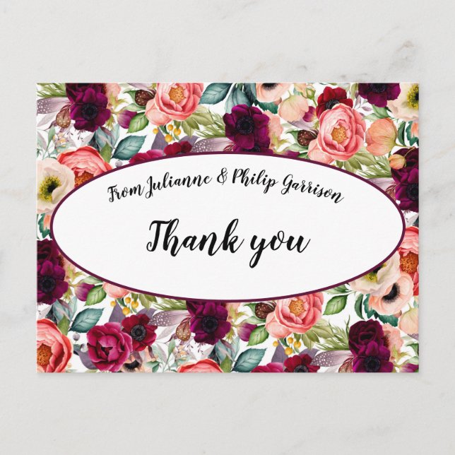 Romantic Garden Floral Wedge Vielen Dank Postkarte (Vorderseite)
