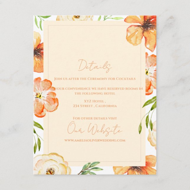 Romantic Garden Peach Floral Wedding Information Begleitkarte (Vorderseite)