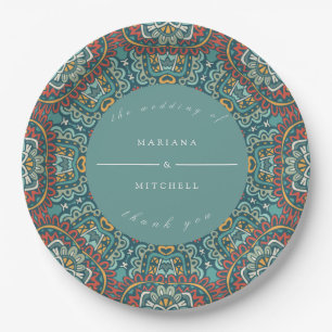 Romantic Geometric Mandala weich blau grau und rot Pappteller