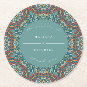 Romantic Geometric Mandala weich blau grau und rot Runder Pappuntersetzer