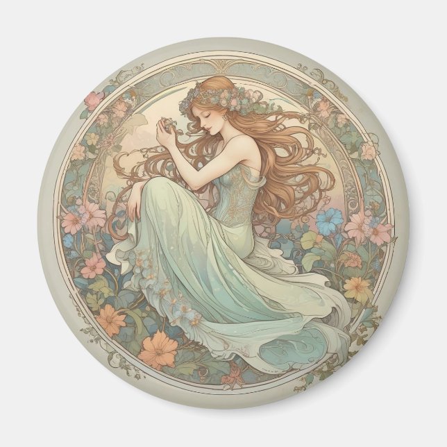 Romantic Girl Mucha Style Magnet (Vorne)