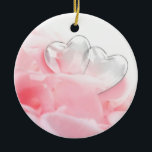 Romantic Glass Hearts Rose Petals Keramik Ornament<br><div class="desc">Elegant lovely and romantic illustration featuring two glass hearts on a bed of white-pink rose petals.</div>