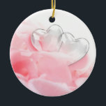 Romantic Glass Hearts Rose Petals Keramik Ornament<br><div class="desc">Elegant lovely and romantic illustration featuring two glass hearts on a bed of white-pink rose petals.</div>