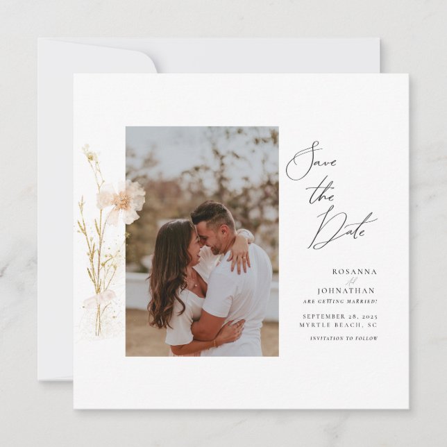 Romantic Gold and Blush Pressed Flowers Photo Einladung (Vorderseite)