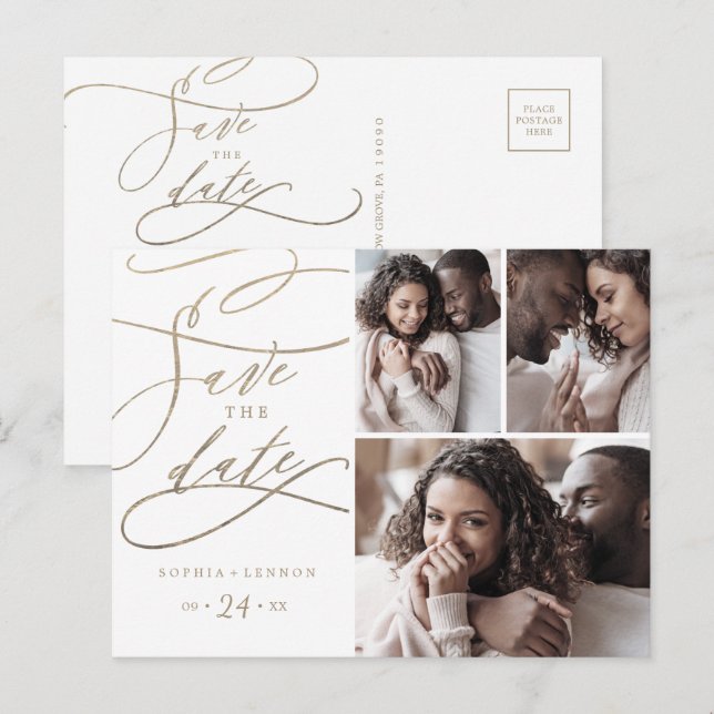 Romantic Gold Calligraphy 3 Photo Save the Date Einladungspostkarte (Vorne/Hinten)