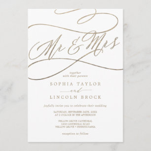 Romantic Gold Calligraphy Mr & Mrs. Wedding Einladung