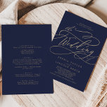 Romantic Gold Calligraphy Navy All In One Wedding Einladung<br><div class="desc">This romantic gold calligraphy navy all in one wedding invitation is perfect for a simple wedding. The modern classic design features fancy swirls and whimsical flourishes with gorgeous elegant hand lettered faux champagne gold foil typography. Save paper by including the details on the back of the wedding invitation instead of...</div>