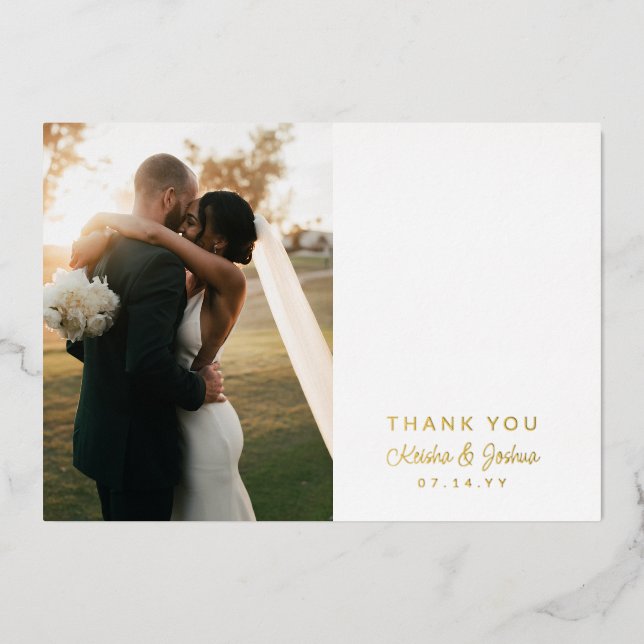 Romantic Gold Script Wedding Foto Vielen Dank Folieneinladung (Vorderseite)