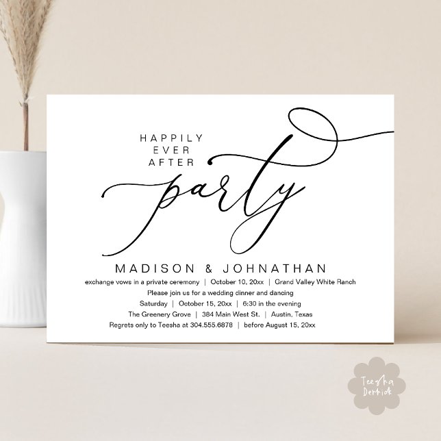Romantic Happily Ever After Party, Wedding Dinner Einladung (Happily Ever After Party, Romantic Wedding Dinner Invitation Card PDF aesthetic Classy White Black)