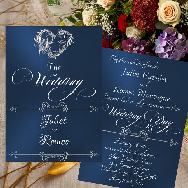 Romantic Heart & Calligraphy on Blue - Wedding Einladung (Von Creator hochgeladen)