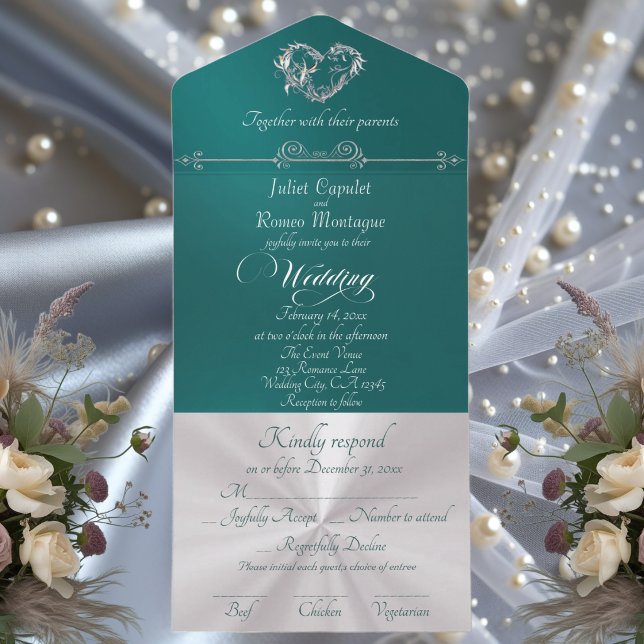 Romantic Heart & Calligraphy - Teal/Silver All In One Einladung (Von Creator hochgeladen)