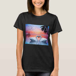 Romantic Heart Swans Tropical Sunset Paradise T-Shirt