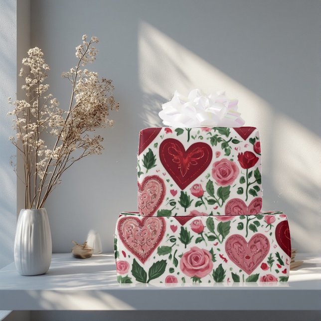 Romantic Hearts Meets Botanical Elegance Rustic  Geschenkpapier (Romantic Hearts Meets Botanical Elegance Rustic Wrapping Paper)
