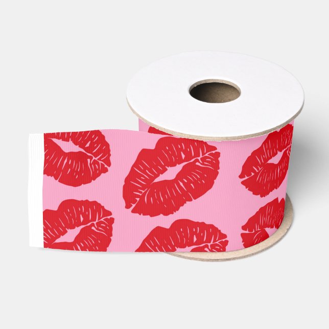 Romantic Kisses, Valentine's Day Pink Kiss Ripsband (Spule)