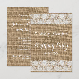 Romantic Lace Burlap 25. Geburtstagsparty Flat Car Einladung