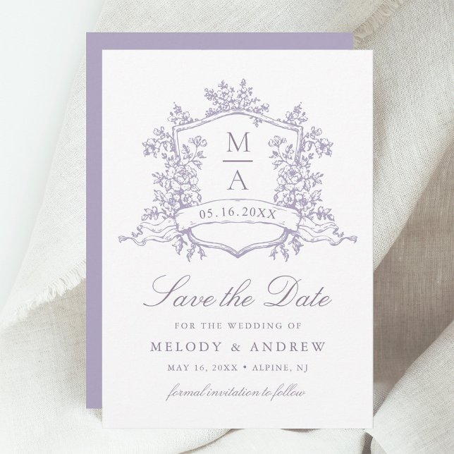 Romantic Lavender Floral Crest Wedding Save The Date (Von Creator hochgeladen)