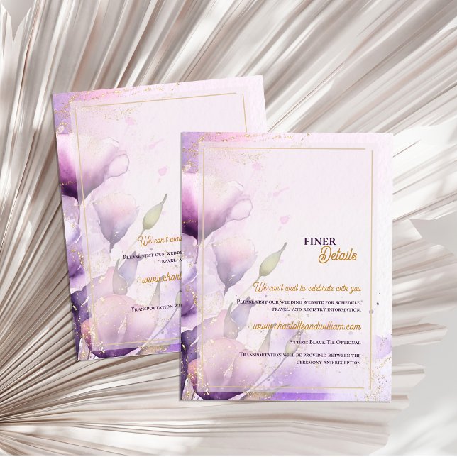 Romantic Lavender Floral Gold Wedding Details Begleitkarte (Romantic Lavender Floral Gold Wedding Details Enclosure Card)