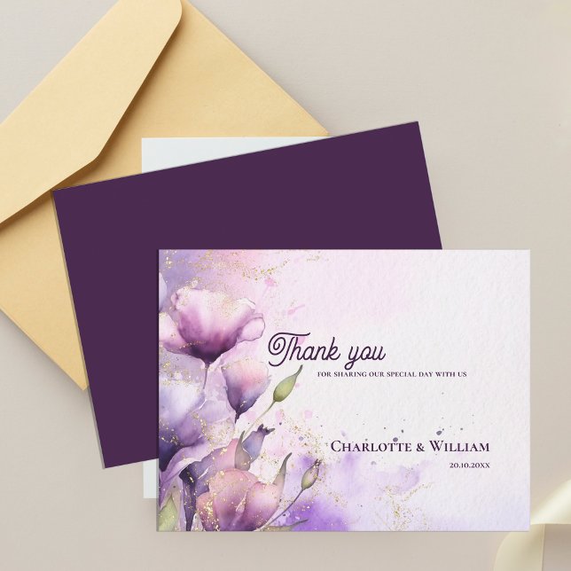 Romantic Lavender Floral Gold Wedding Thank You Postkarte (Romantic Lavender Floral Gold Wedding Thank You Postcard)