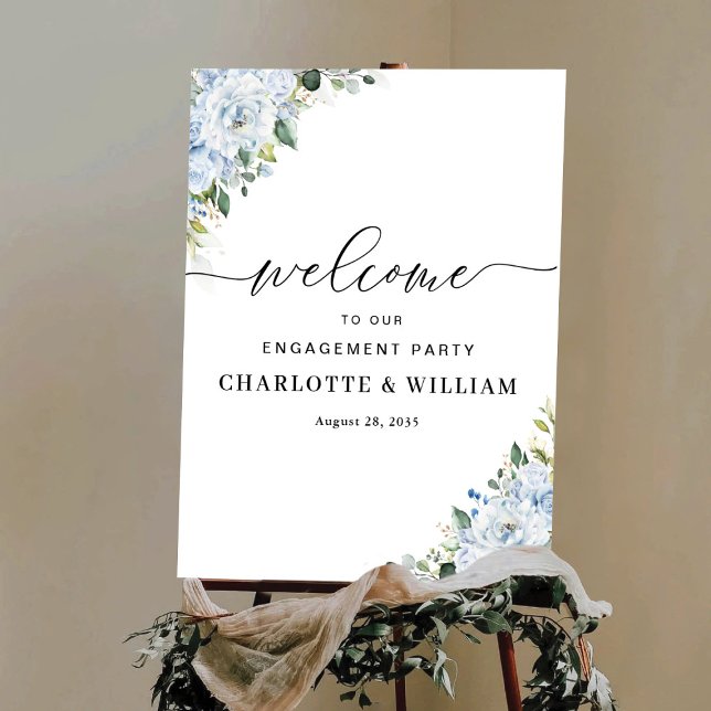 Romantic Light Blue Floral Engagement Party Poster (Von Creator hochgeladen)