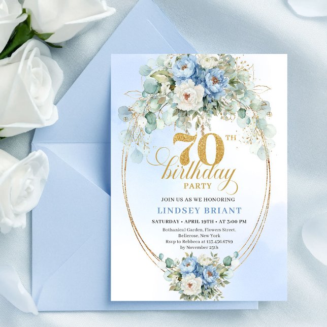 Romantic Light Blue Flowers 70th Birthday Invites Einladung (Romantic Light Blue Flowers 70th Birthday Invitation Set

)