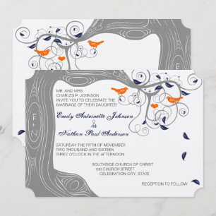 Romantic Love Bird Tree Orange Navy Hochzeit Einladung