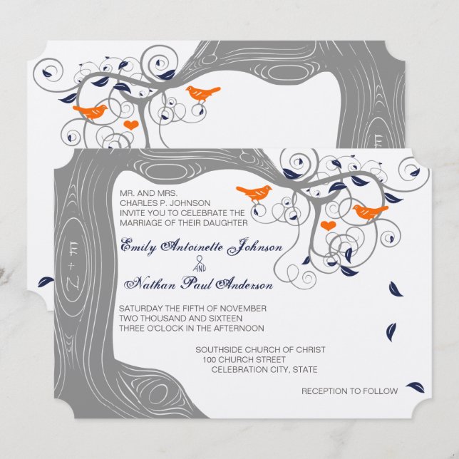 Romantic Love Bird Tree Orange Navy Hochzeit Einladung (Vorne/Hinten)