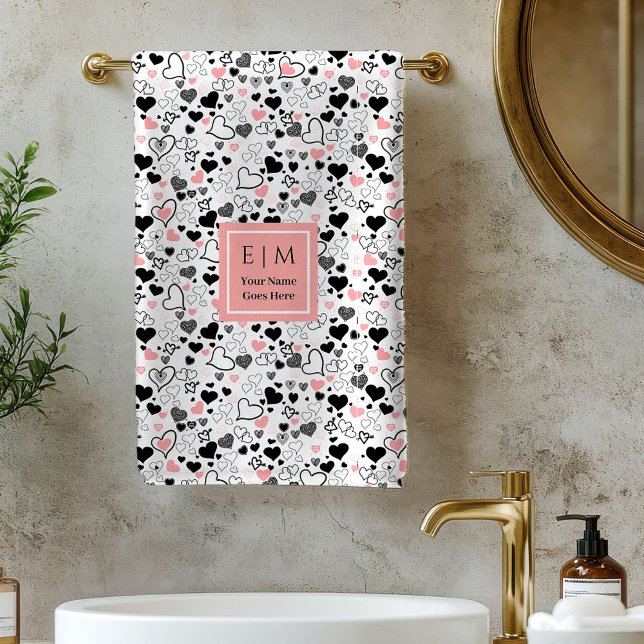 Romantic Love Gift Bath Towel Pink Black Hearts (Romantic Love Gift Bath Towel Pink Black Hearts)