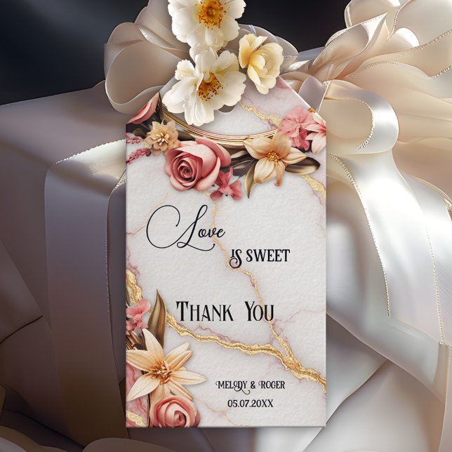Romantic Marble Gold Floral Wedding  Geschenkanhänger (Wedding Thank You gift tag featuring a chic pink marble design with retro flowers)