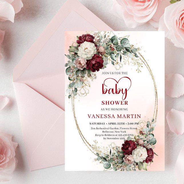 Romantic Maroon Floral Gold Baby Shower Invite Einladung (Romantic Maroon Floral Gold Baby Shower Invite

)
