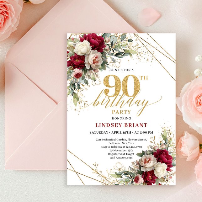 Romantic Maroon Rose Gold 90th Birthday Invitation Einladung (Romantic Maroon Rose Gold 90th Birthday Invitation)