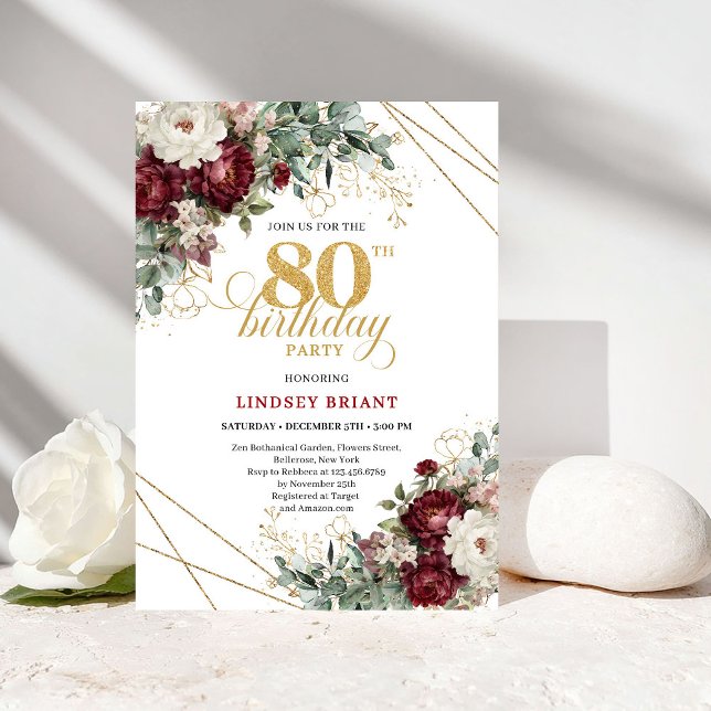 Romantic Marsala Eucalyptus 80th Birthday Einladung (Romantic Marsala Eucalyptus 80th Birthday)