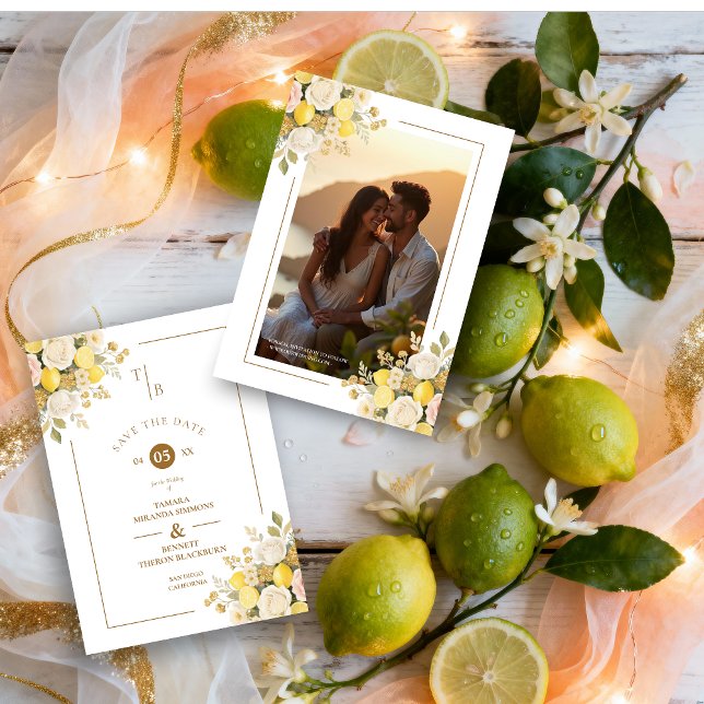 Romantic Mediterranean Lemons Floral Bunch Wedding Save The Date (Romantic Mediterranean Lemons & Floral Bunch Wedding Dave the Date with Initials and Back Photo.)
