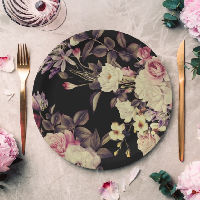 Romantic Moody Floral Wedding Black Pappteller (This pretty vintage look floral wedding paper plate is perfect for a wedding or special occasion.)