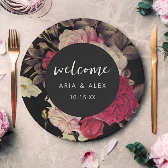 Romantic Moody Floral Wedding Name Date Black Pappteller (Romantic moody floral wedding welcome paper plate includes pretty script and your wedding date.)