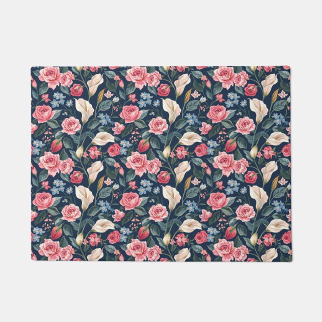Romantic Navy Blue Floral Garden Pattern Fußmatte (Vorderseite)
