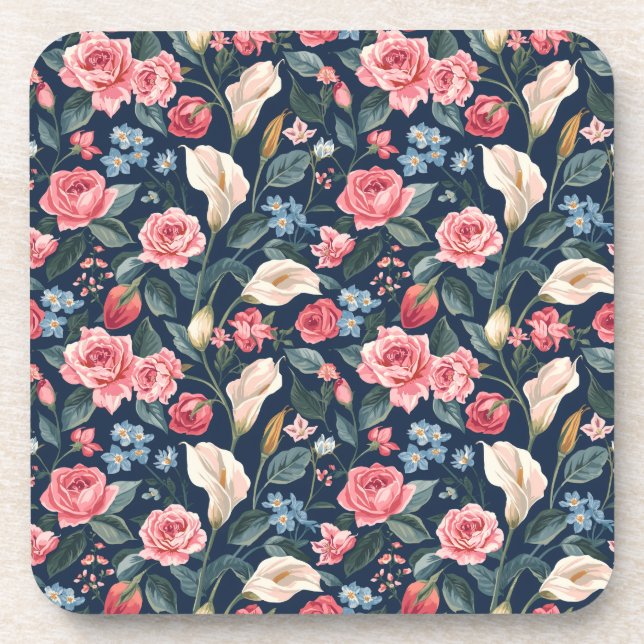 Romantic Navy Blue Floral Garden Pattern Getränkeuntersetzer (Vorderseite)